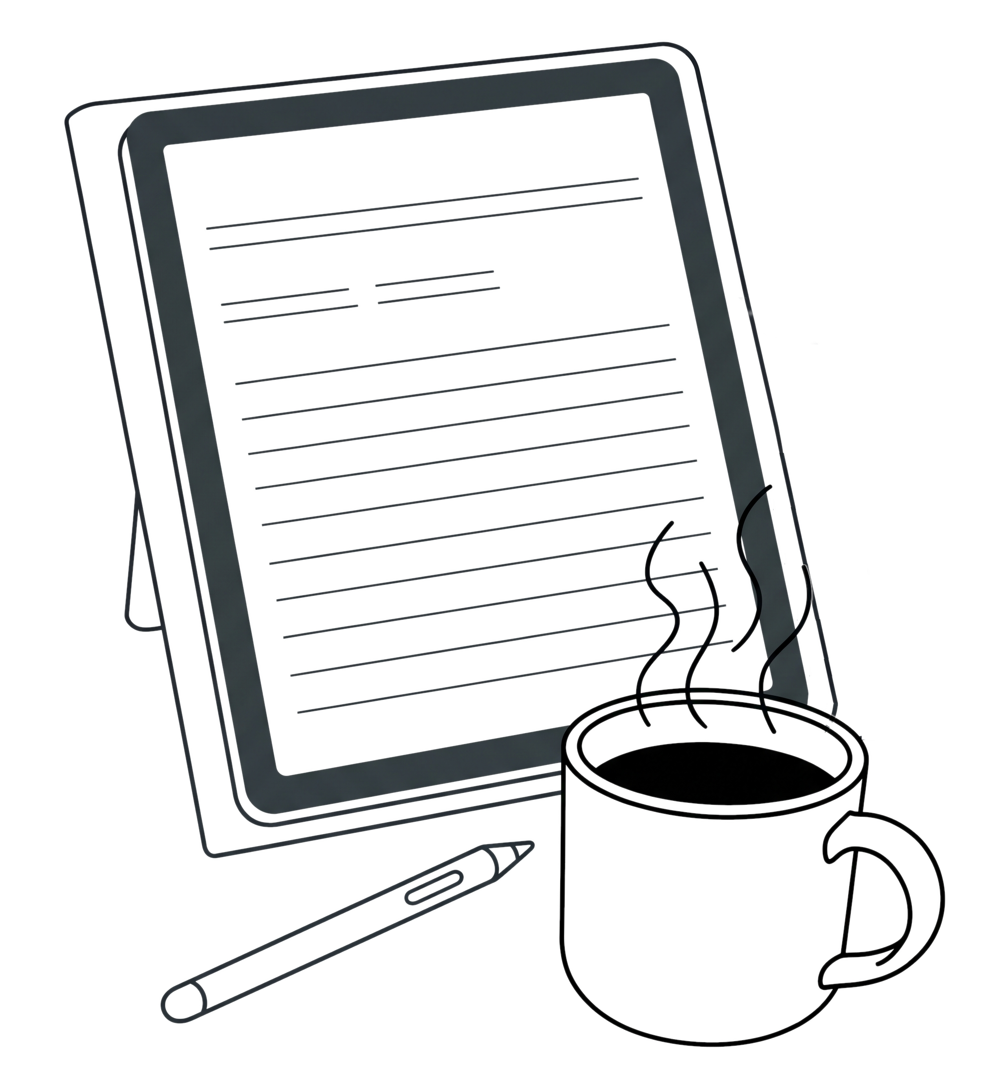Illustration of a tablet, stylus, and a steaming cup of coffee