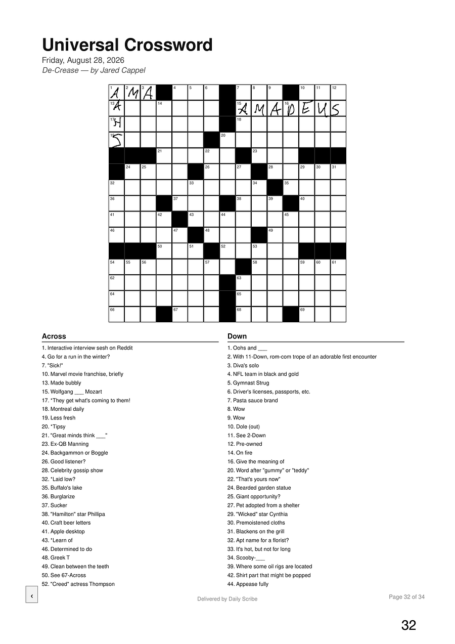 The write-in crossword page from a sample edition, answers penned into the grid