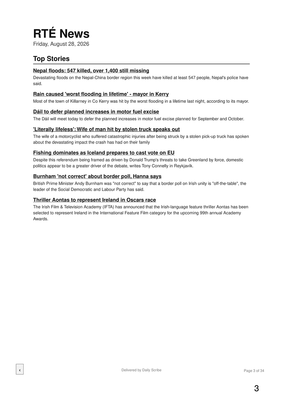 A news page from a sample edition — RTÉ headlines set like a newspaper